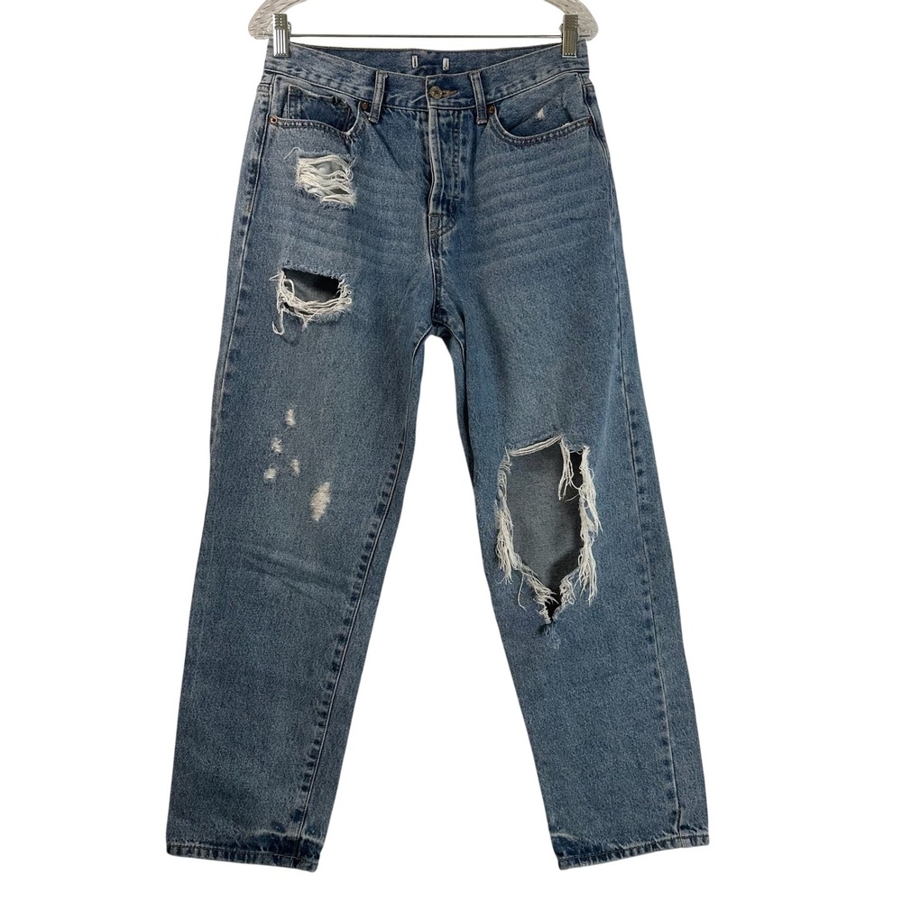 Forever 21 Premium Denim Distressed Straight Leg Jeans Medium Wash Blue 30x27